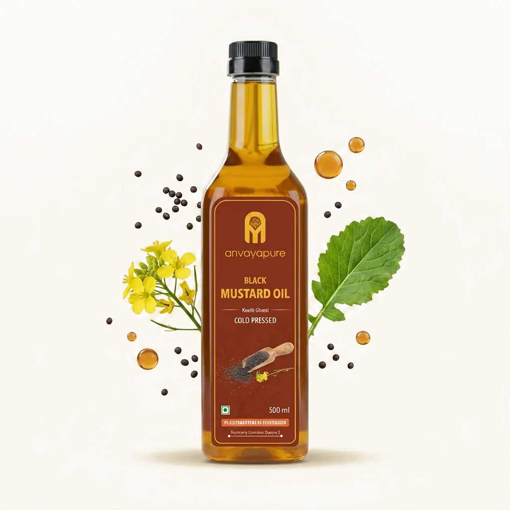Cold-pressed black mustard oil bottle