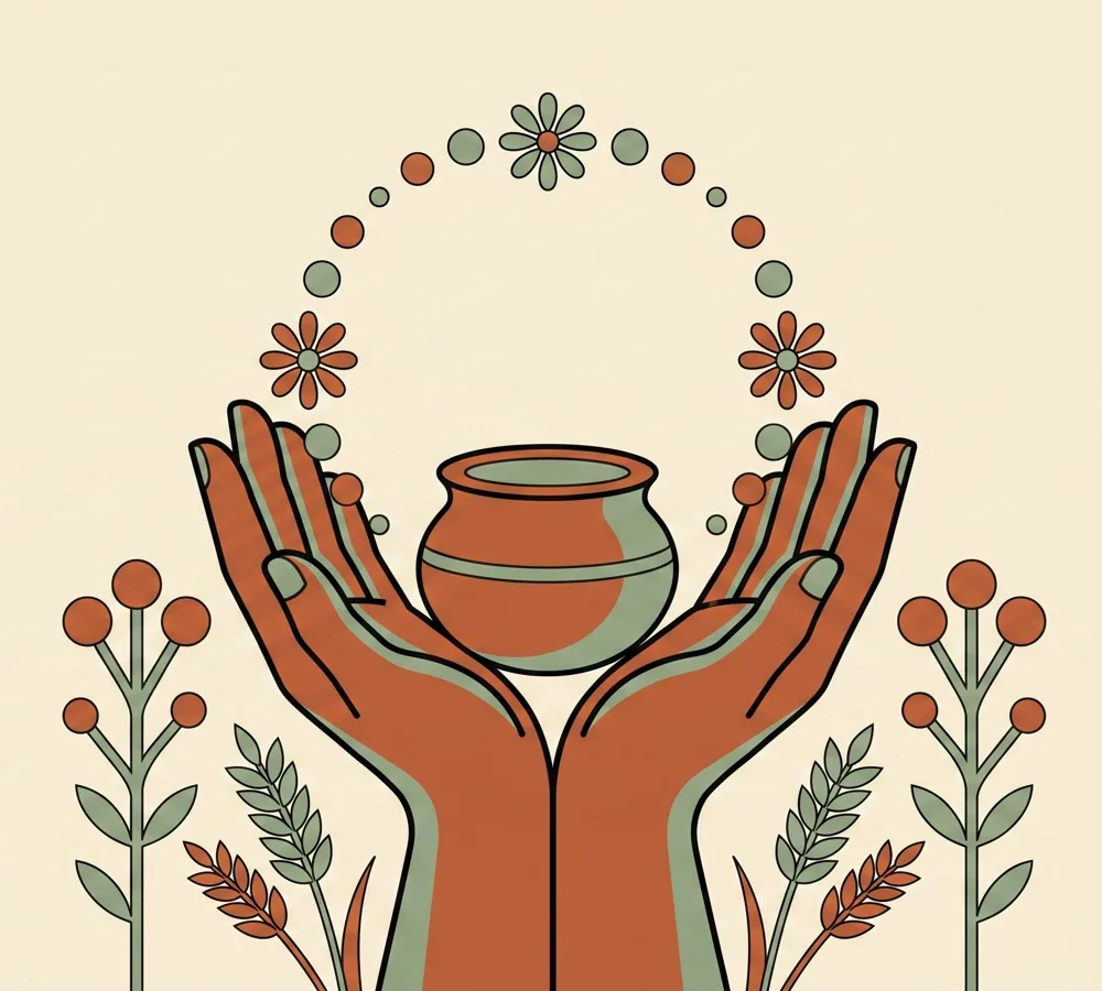 A folk woodblock illustration of two open hands holding a clay pot, with seeds and flowers arcing over them.